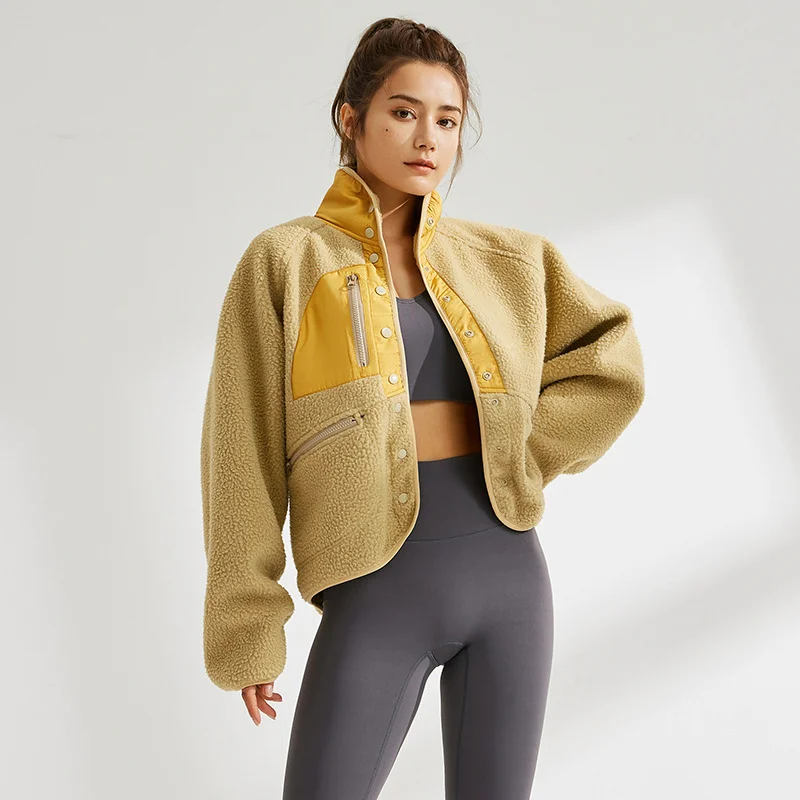 Female Autumn Winter Stand Collar Lamb Wool Warm Coats Thick Leisure Sportswear Jackets Solid Color Windproof Loose Long Sleeve Causal Activewear Women Coat