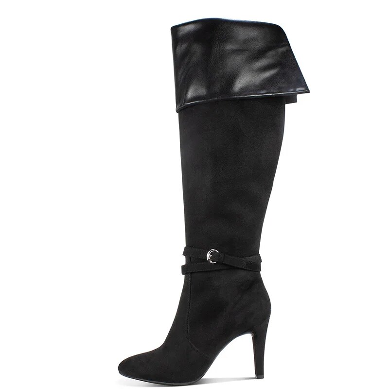 TAAFO Black High Thin Heels Turned Over Women Over The Knee Boots Round Toe Zipper Flock Ladies Shoes 