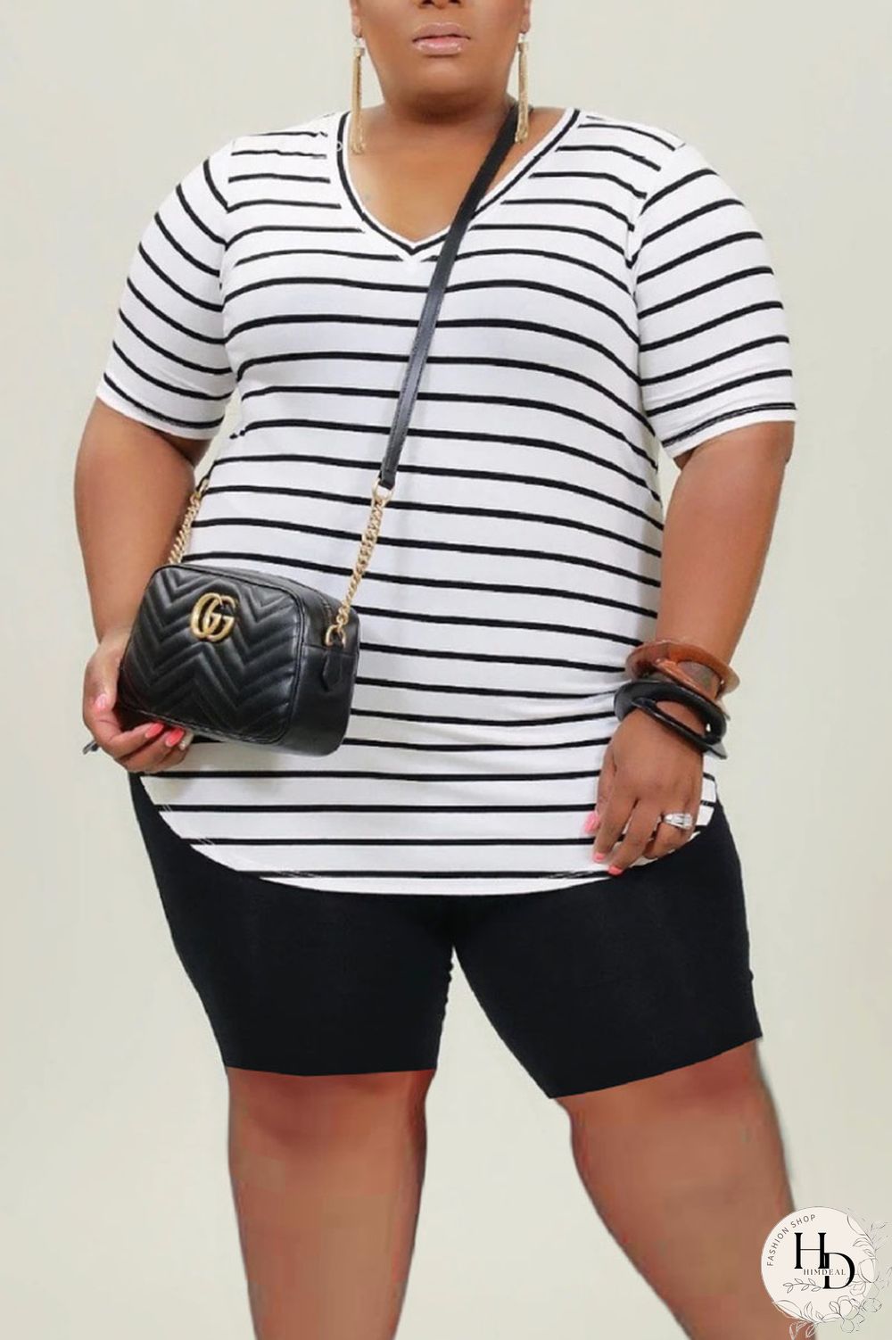 White Casual Striped Print Split Joint V Neck Plus Size Two Pieces
