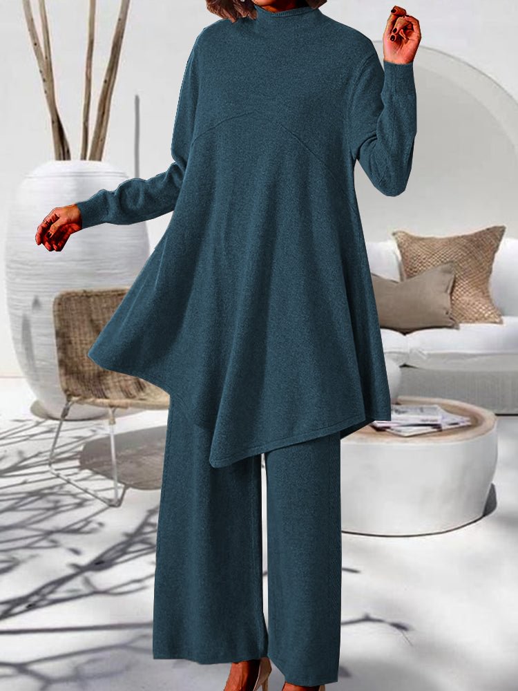 Irregular Beveled Loose Pullover Sweater Two-piece Summer Dress Simple Wide-leg Pants Suit