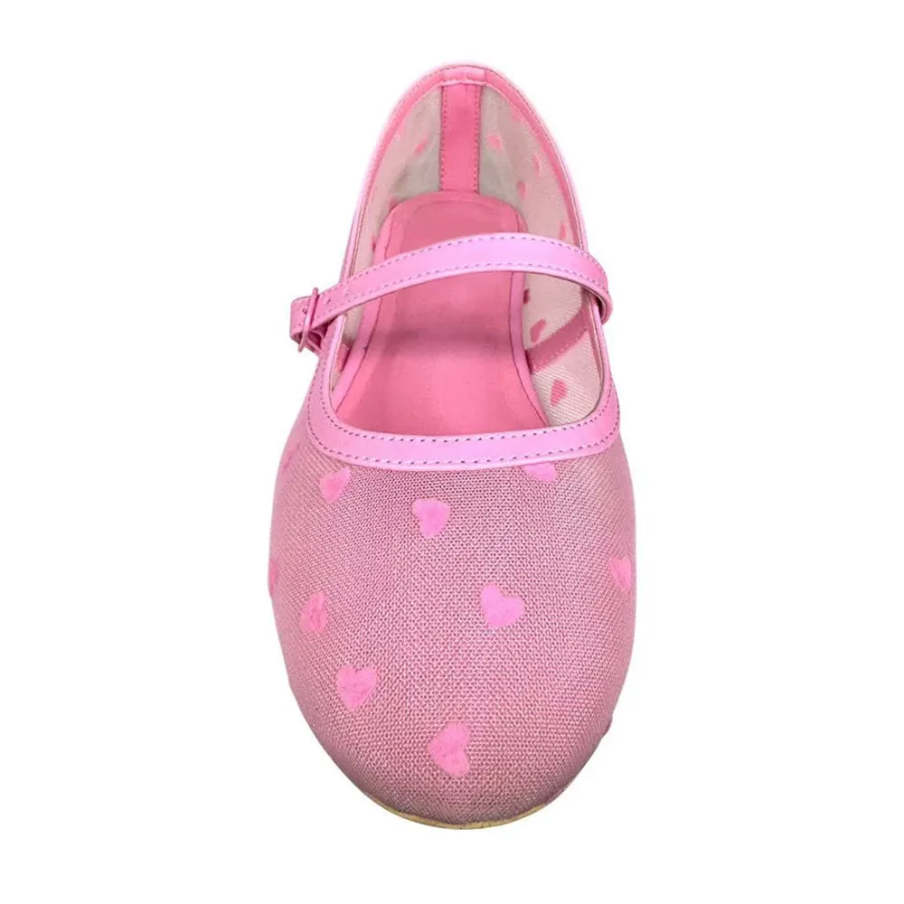 Pink Round Toe Velvet Flocked Hearts Comfy Mesh Flats with Buckle