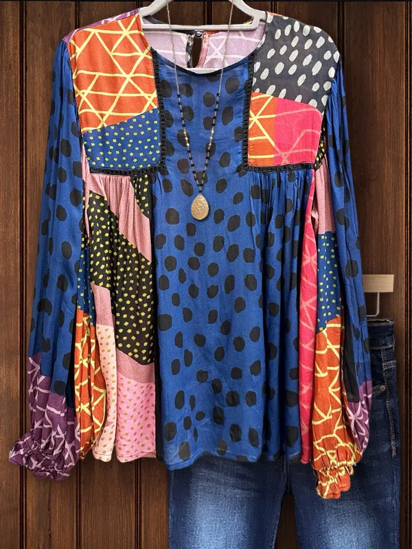 Mixed Print Webbing Patchwork Top