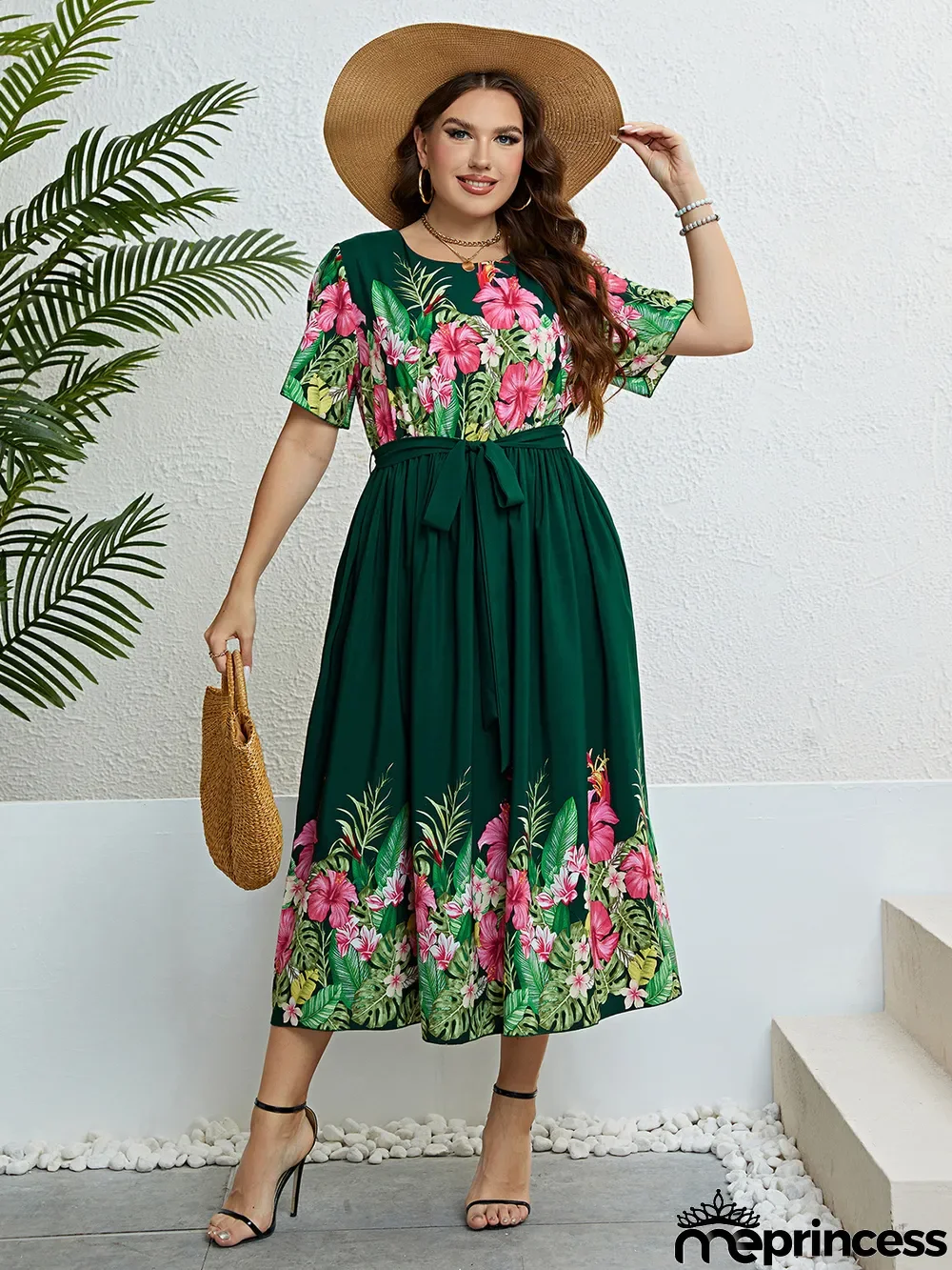 Women Summer Print Lace-Up Dress