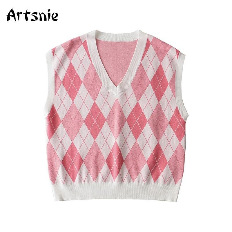 Artsnie Streetwear Pink Argyle Sweater Vest Women Autumn V Neck Sleeveless Pull Femme Vintage Knitted Ladies Sweaters Vest