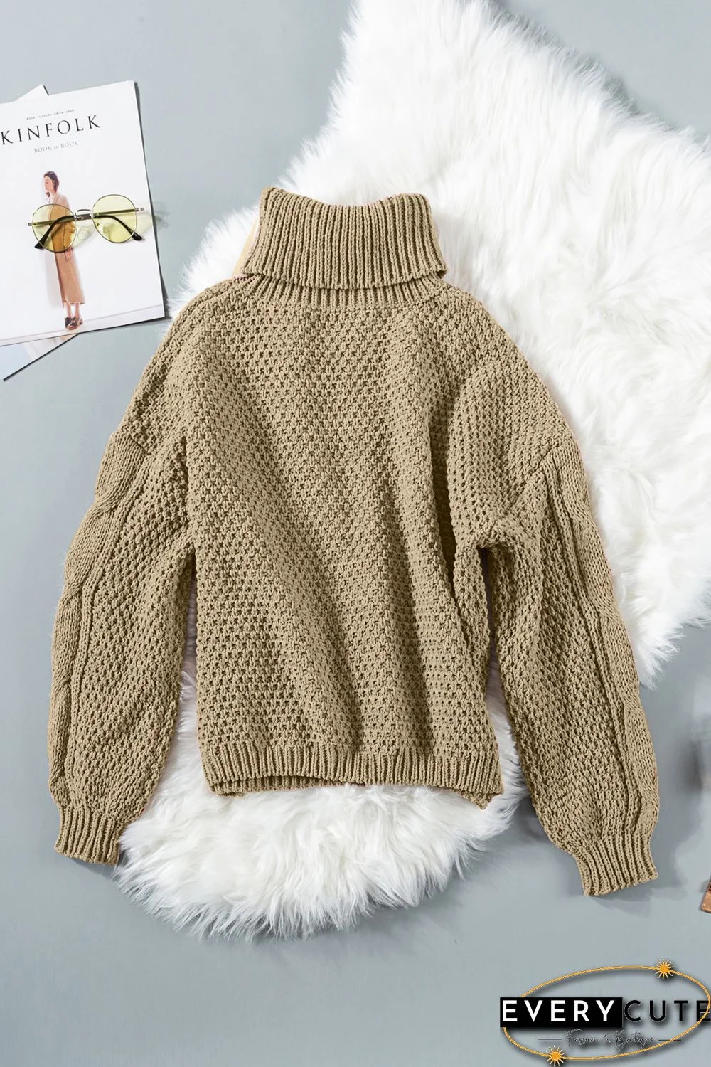 Khaki Solid Turtleneck Cable Knit Pullover Sweater