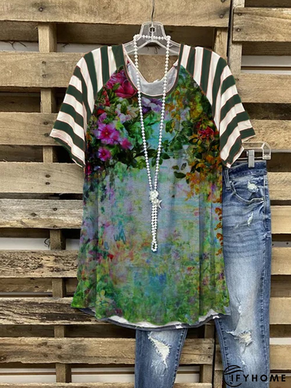 Plus Size Crew Neck Cotton-Blend Short Sleeve Vintage Floral T-shirt | IFYHOME