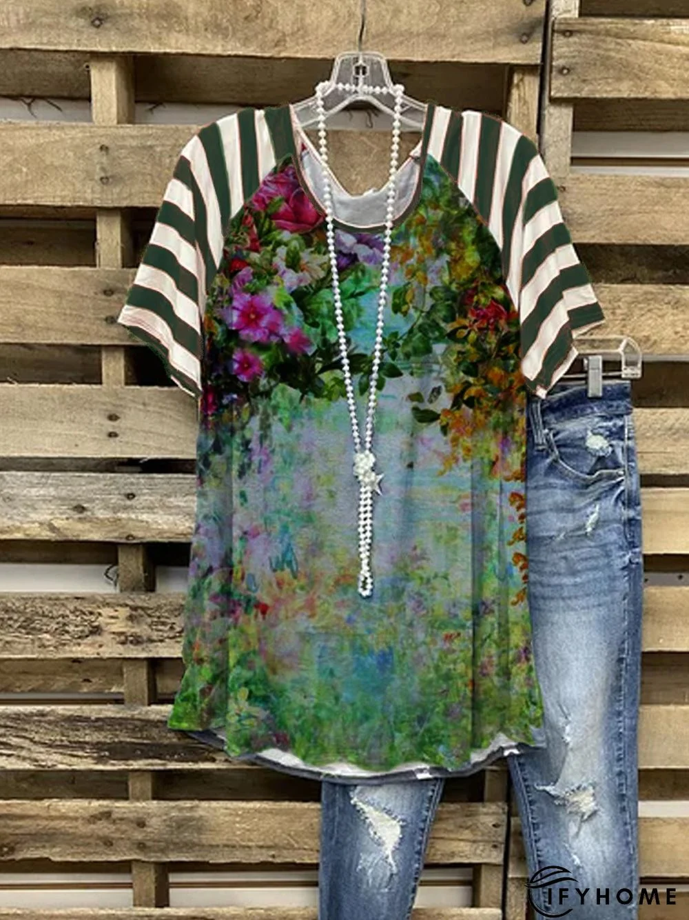 Plus Size Crew Neck Cotton-Blend Short Sleeve Vintage Floral T-shirt | IFYHOME