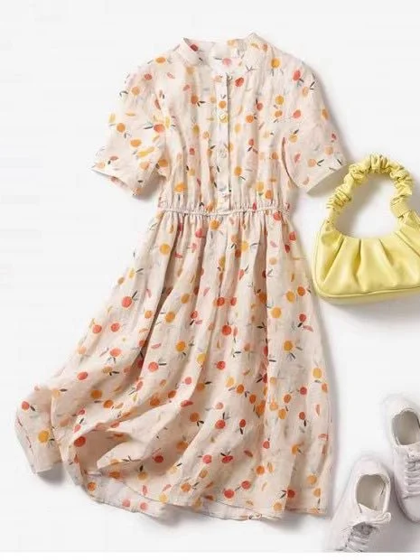 Women's Linen Cute Flower Print Midi Dress
