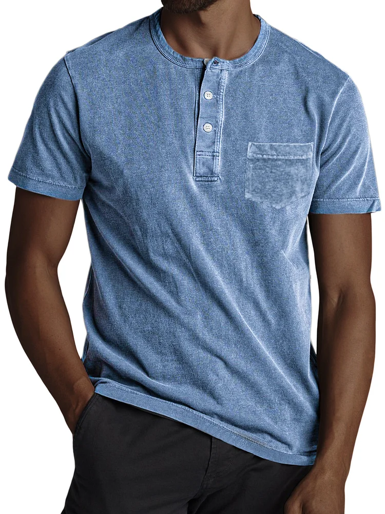 Men's Vintage Distressed Short Sleeve Henley Button Round Neck Stylish Henley Top Shirt with Chest Pocket