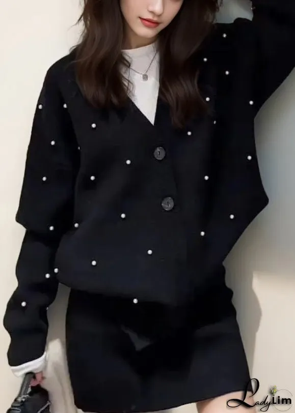 Fashion Red V Neck Nail Bead Cotton Knit Cardigan And Skirts Two Pieces Set Winter