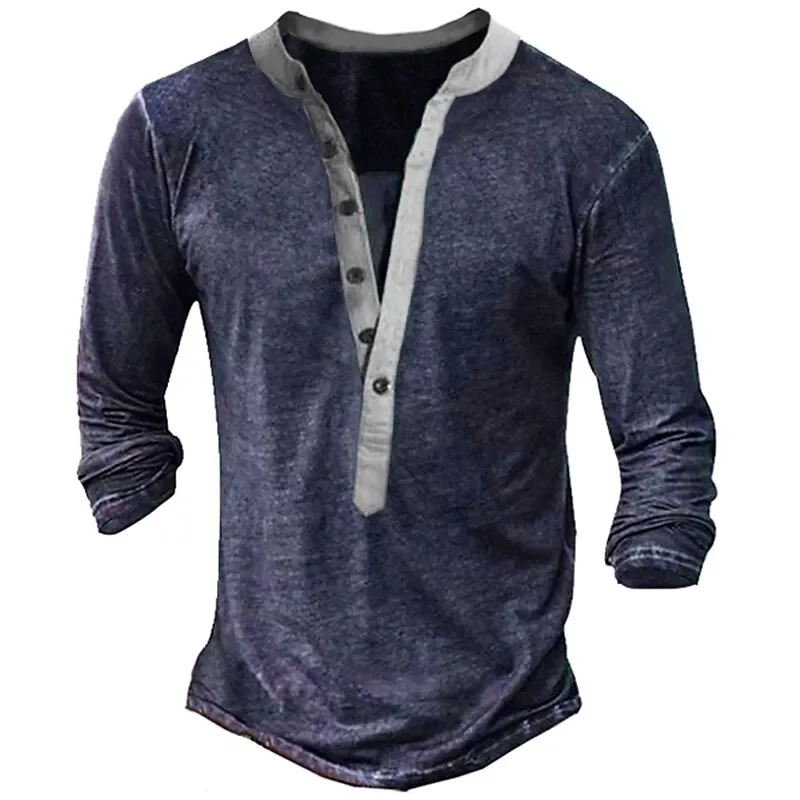 Men's Solid Color Henley Casual Button-Down Long Sleeve T-Shirt