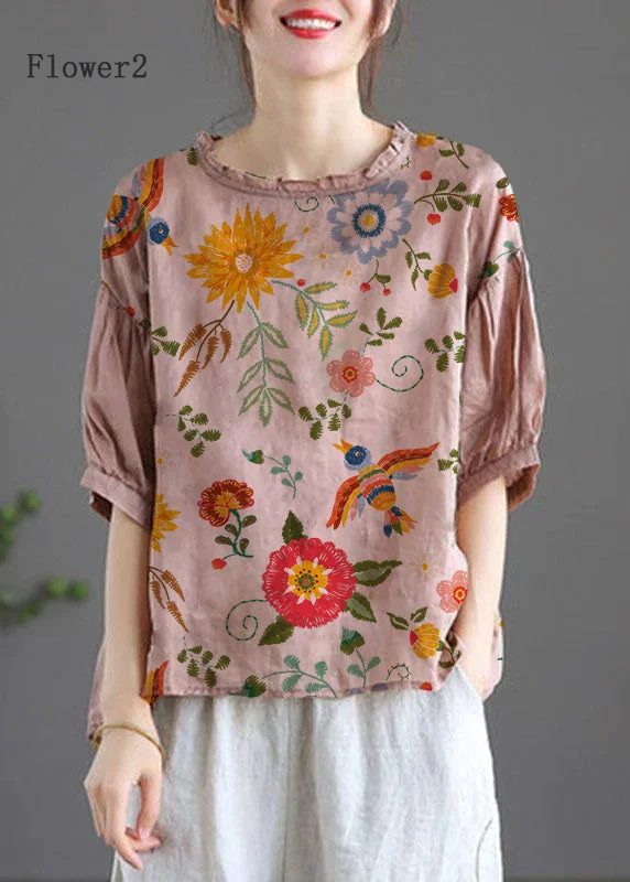 Modern Pink-Flower2 Regular Embroidered Summer Floral Half Sleeve