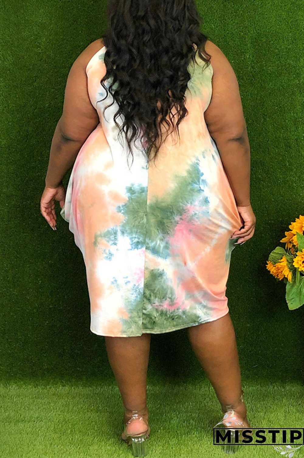 Red Fashion Casual Print Tie-dye Asymmetrical O Neck Vest Dress Plus Size Dresses