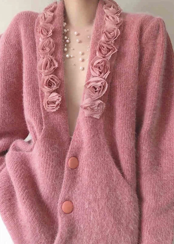 Bohemian Pink V Neck Button Patchwork Knitted Cotton Coat Fall