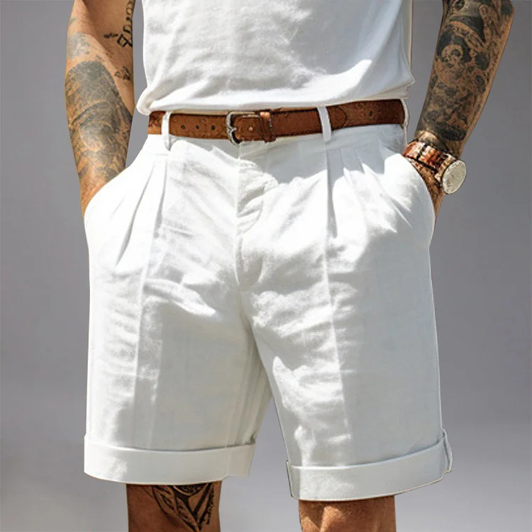 Classic Pleats Slant Pocket Mid Rise Linen Shorts 