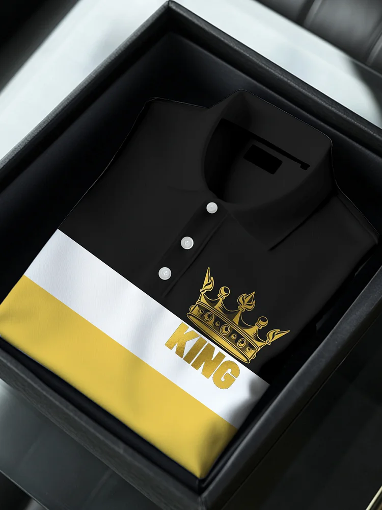 Men's King Crown Color Block Stripes Print Business Casual Polo Shirt