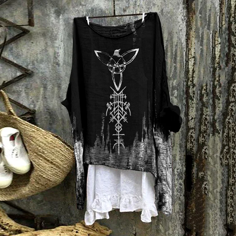 Retro Celtic Witch Birds Graphics Print Blouse