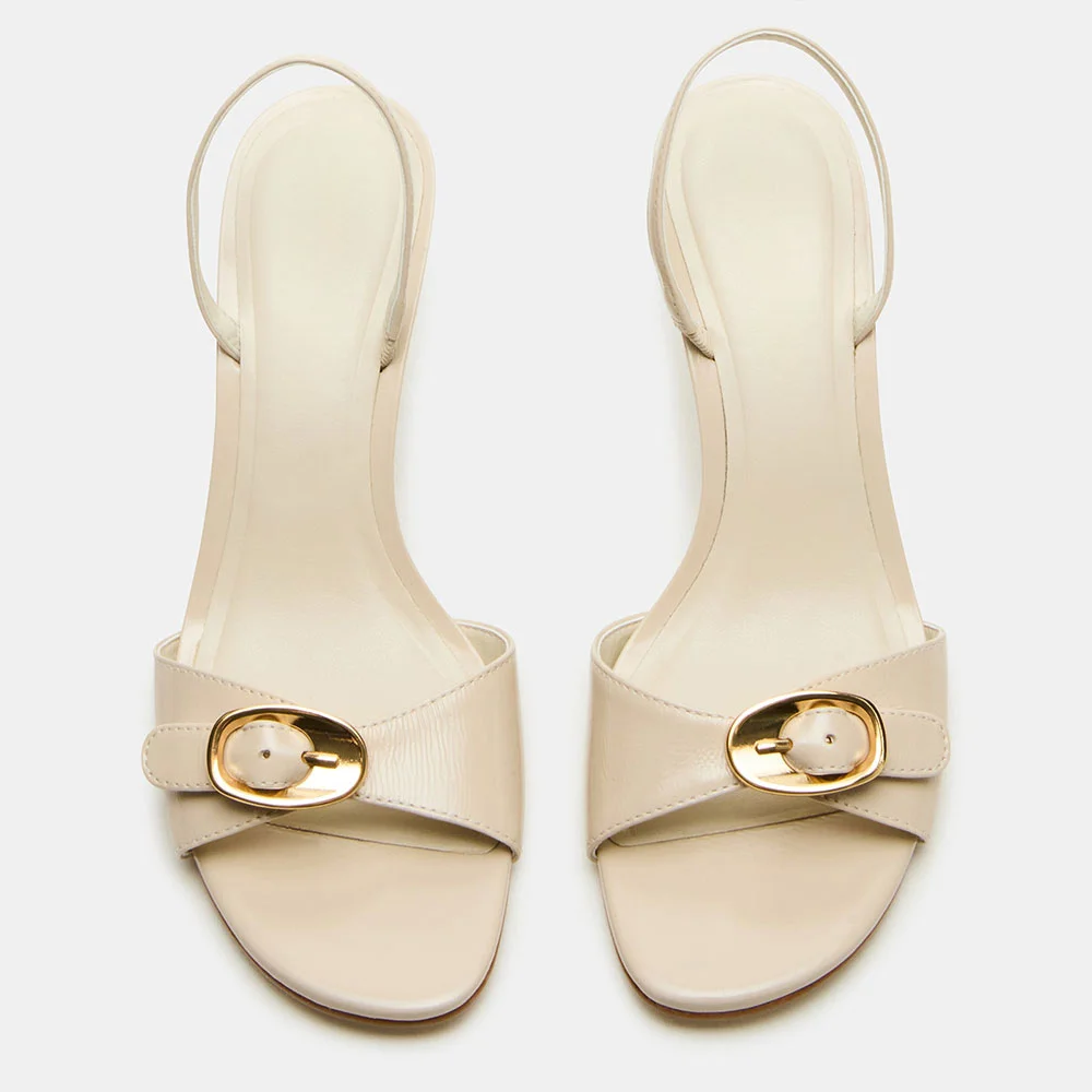 Ivory Vegan Leather Open Toe Buckle Slingback Women's Heel Sandals