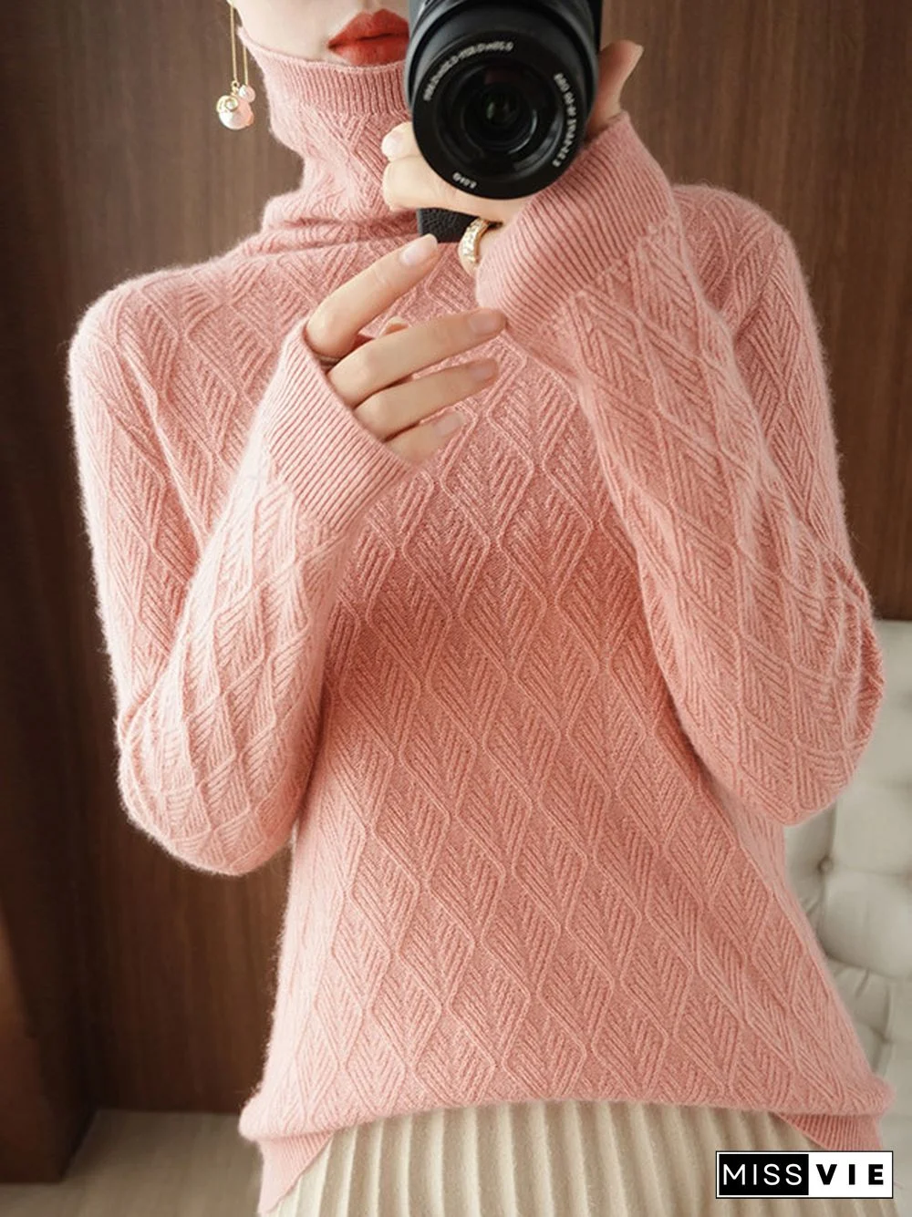 Solid Color Long Sleeves High-Neck Sweater Tops