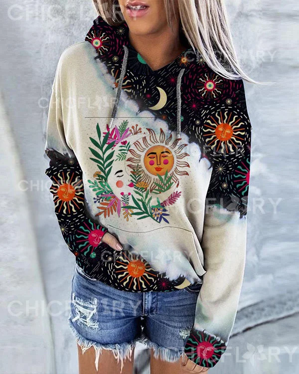 Sun and Moon Print Hoodie Long Sleeve Sweatshirt
