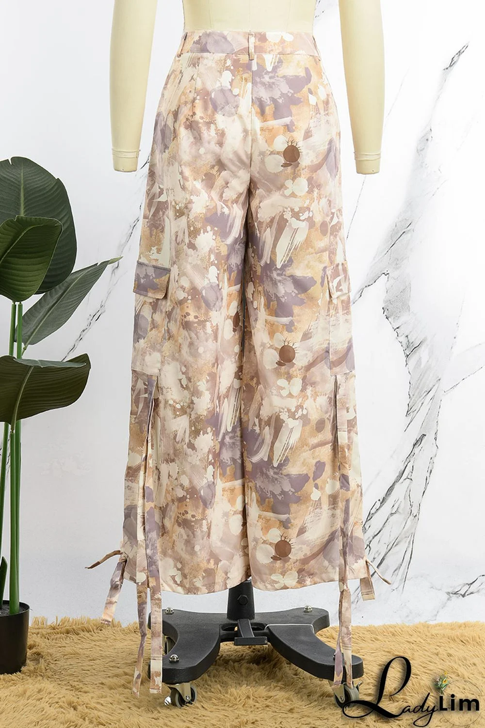 Army Green Street Print Bandage Patchwork Straight Straight Full Print Bottoms