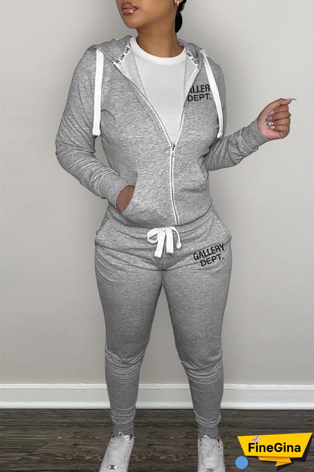 Grey Casual Letter Print Patchwork Hooded Collar Long Sleeve Two Pieces