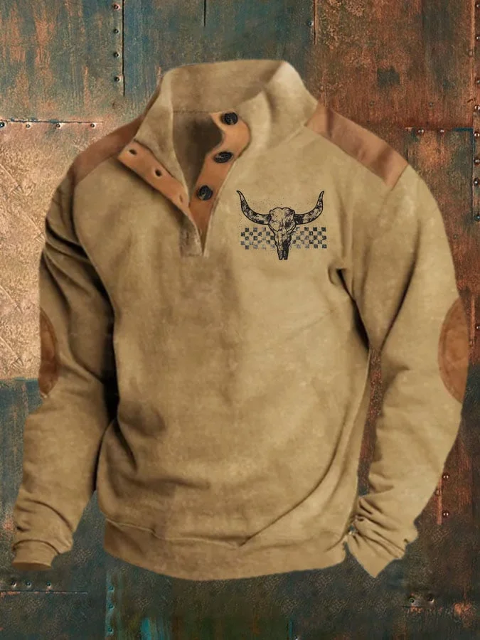 Men's Casual Western American Cow Skull Print Long Sleeve Sweatshirt