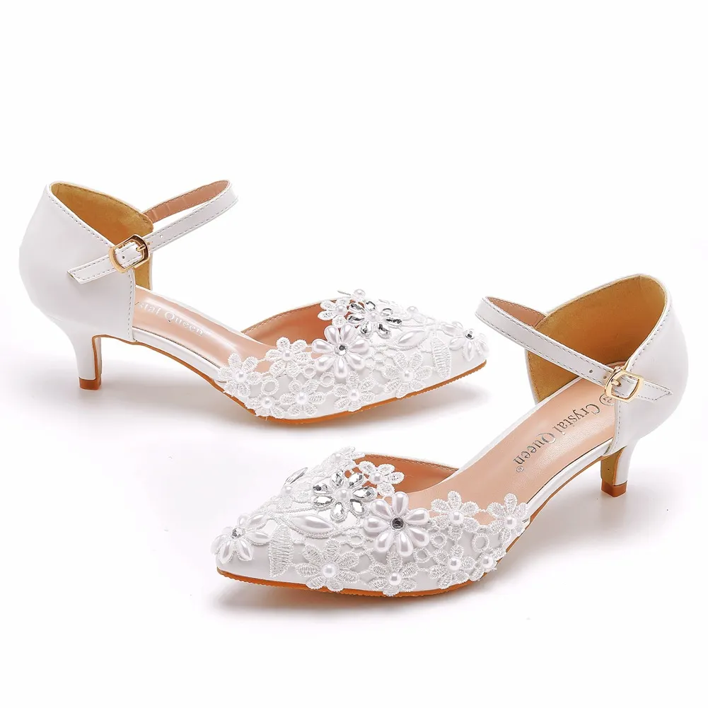 Breakj Breakj Cm Hollow Sharp Head Sandals In Low-Heeled Mary Jane Sandals White Lace Beaded Wedding Shoes Bridal Wedding Shoes