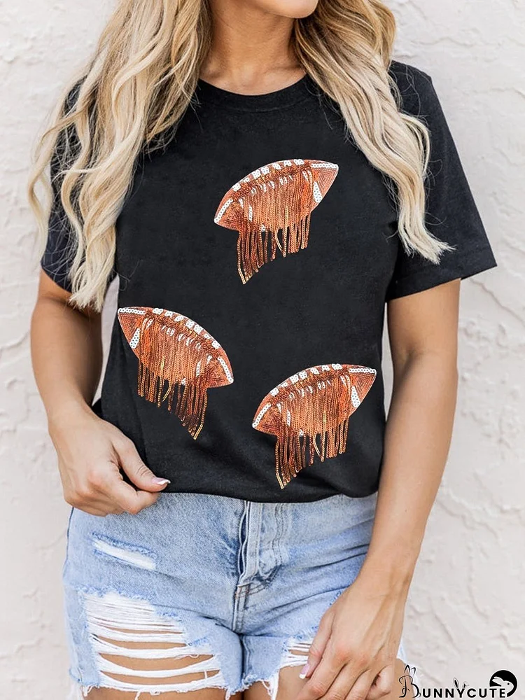 Sequin Embellished Black Rugby Graphic Tee