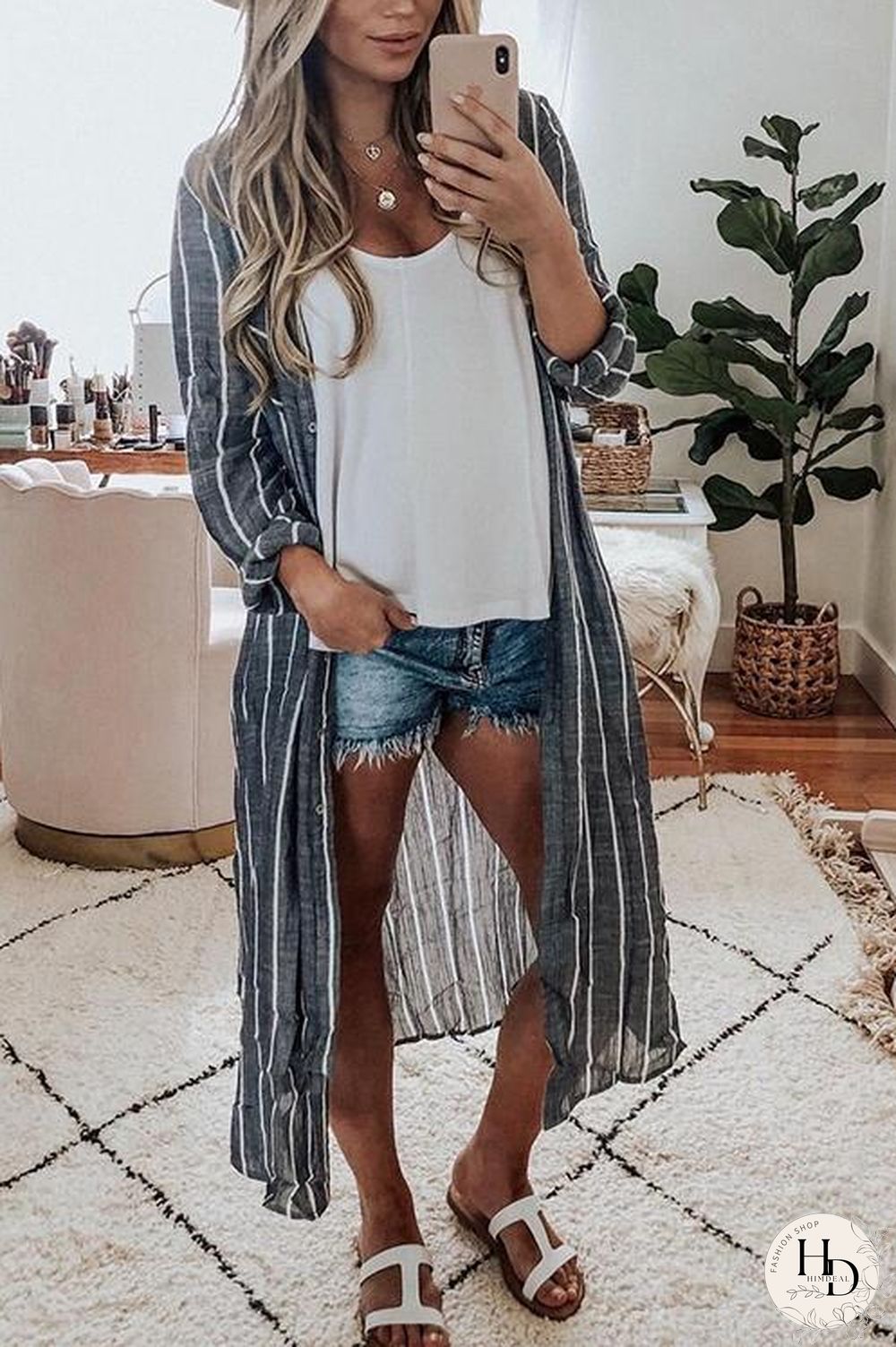 Stripe Button Shirt Kimono Coat