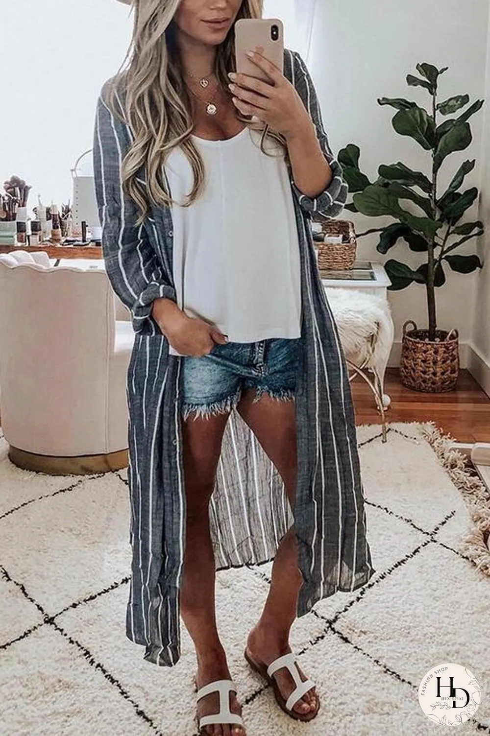 Stripe Button Shirt Kimono Coat