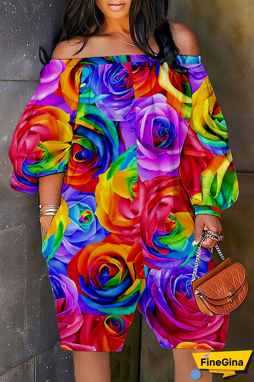 Cyan Casual Print Backless Off the Shoulder Regular Romper