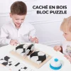 Puzzle g&eacute;om&eacute;trique en bois avec blocs cach&eacute;s et plateau de rangement