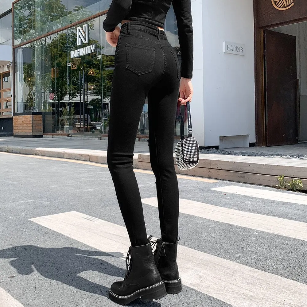 Jeans Pants Women Denim Holes Leggings Black Skinny Jean Trousers Autumn New High Waist Casual Elastic Slim Jeans Pencil Pants