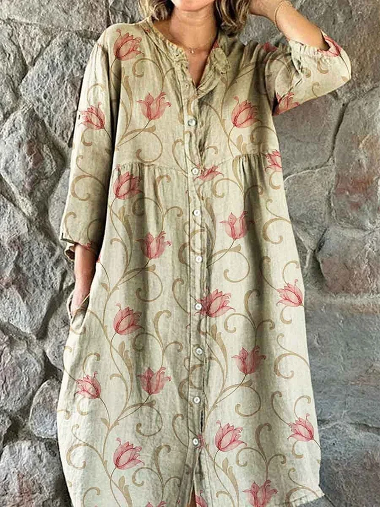 Women's Shirt Style Elegant Simple  Rose Floral Pattern Cotton And Linen Dress With Pockets