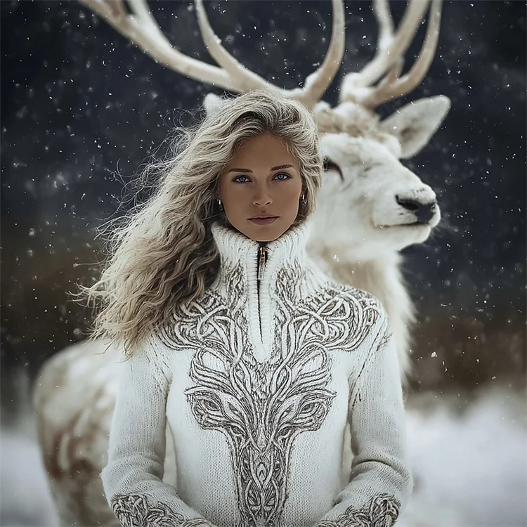 Vintage Mystical White Deer Celtic Zip Up Cozy Knit Sweater