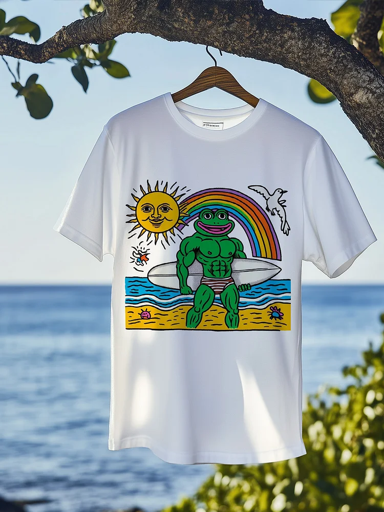 Men's Muscular Frog Vacation Illustration Print Cotton Casual T-Shirt