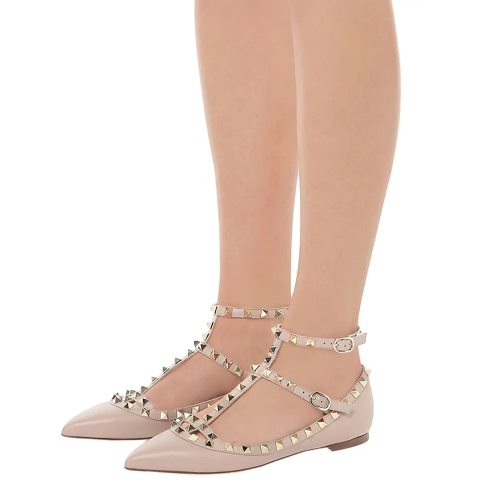 Women's Flats With Double Buckles Fashion Sexy Rivets Rockstud Daily Pointed Toe Ballet Matte Shoes-vocosishoes
