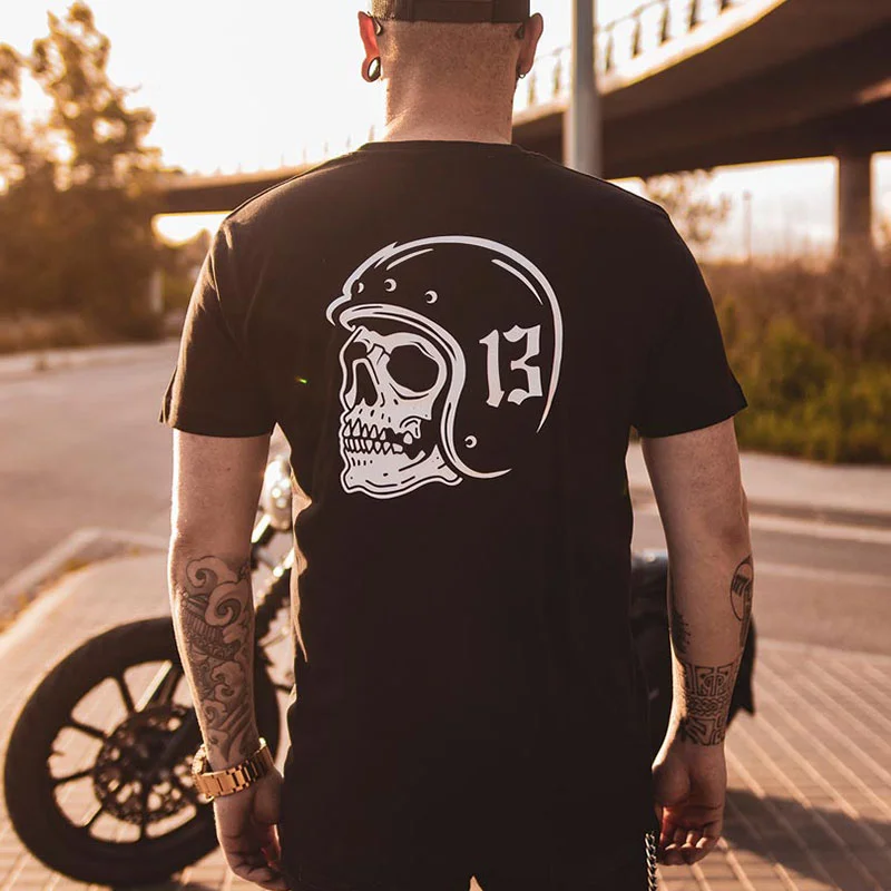 Skull with Helmet Graphic Casual Black Print T-shirt