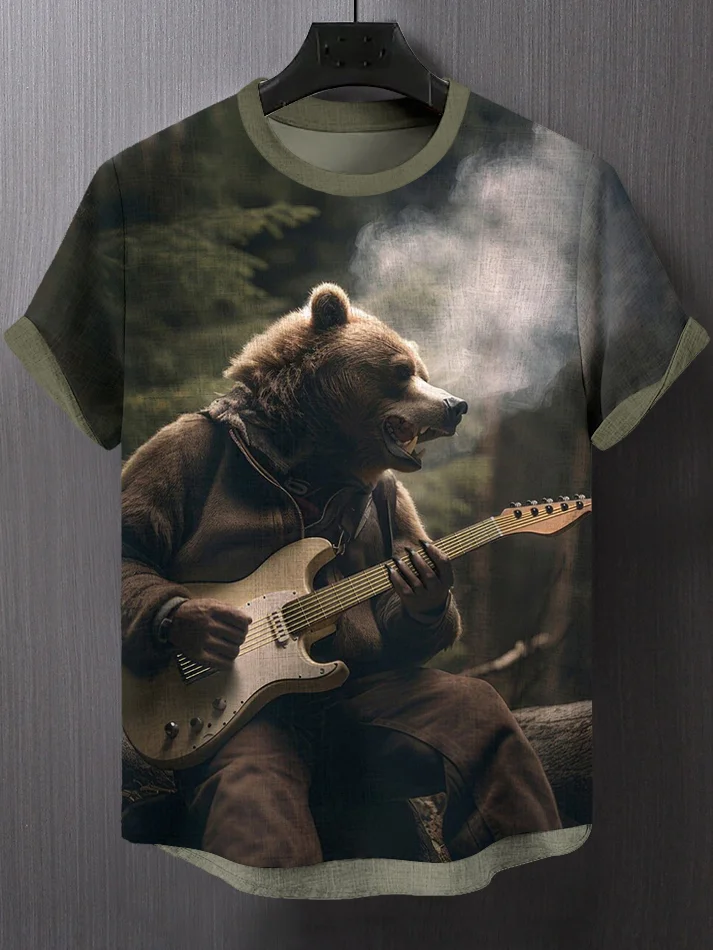 Men's Bear Plays Guitar Smoke Print Casual T-Shirt