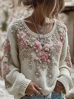 Women's Pink Floral Embroidery Art Knit Pullover Sweater