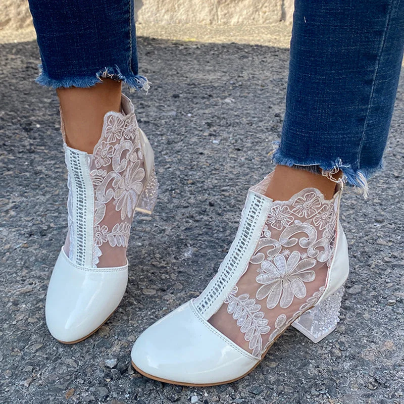 Sexy Black Mesh Embroider Ankle Boots For Women Summer 2022 Crystal Square Heels Boots Woman Round Toe Lace Short Botas