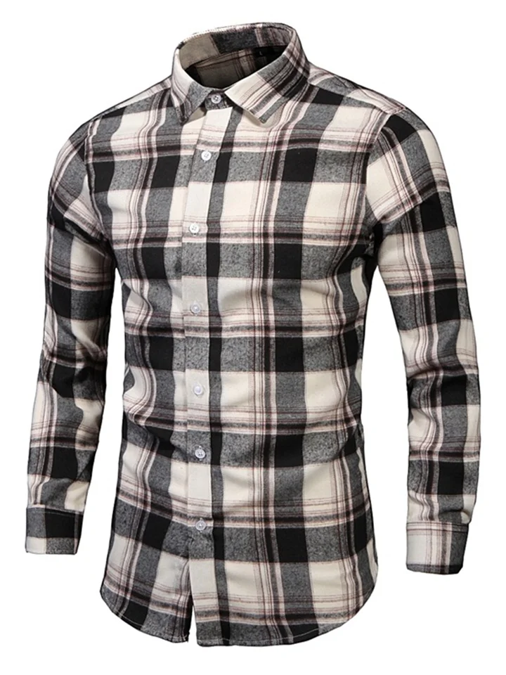 The New Men's Long-sleeved Large Size Shirt Korean Version of Slim Lapel Plaid Shirt Gray Green