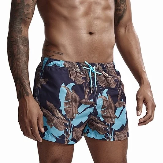 Men's Summer Leaf Pattern Beach Board Shorts-VESSFUL