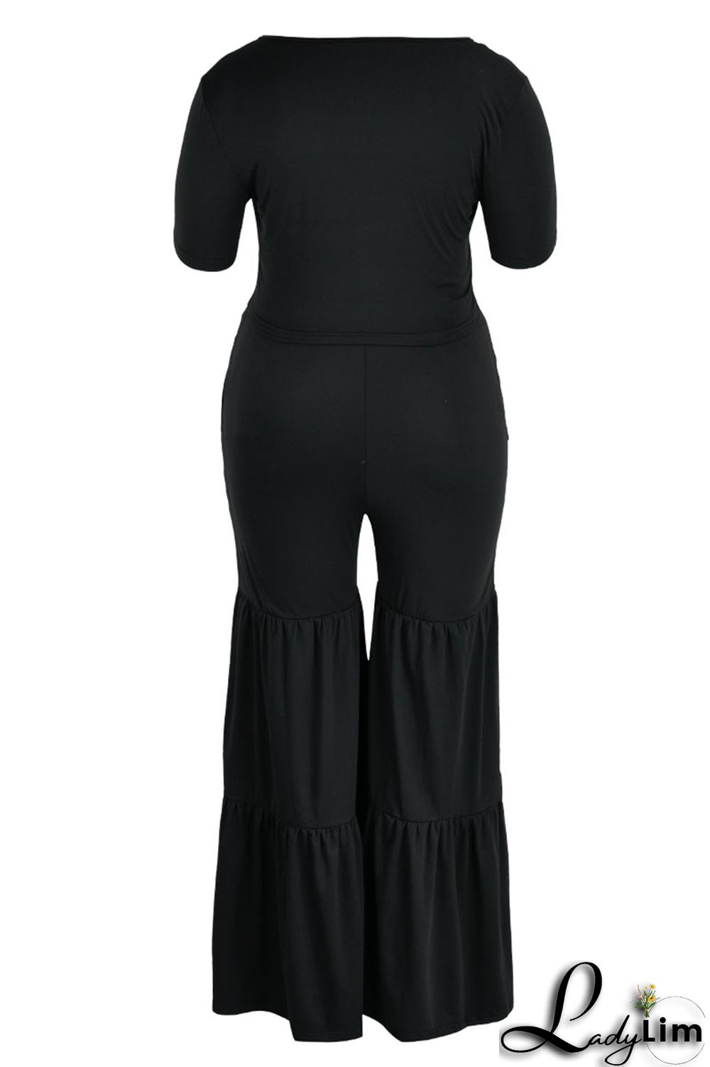 Black Casual Solid Bandage Patchwork V Neck Plus Size Two Pieces