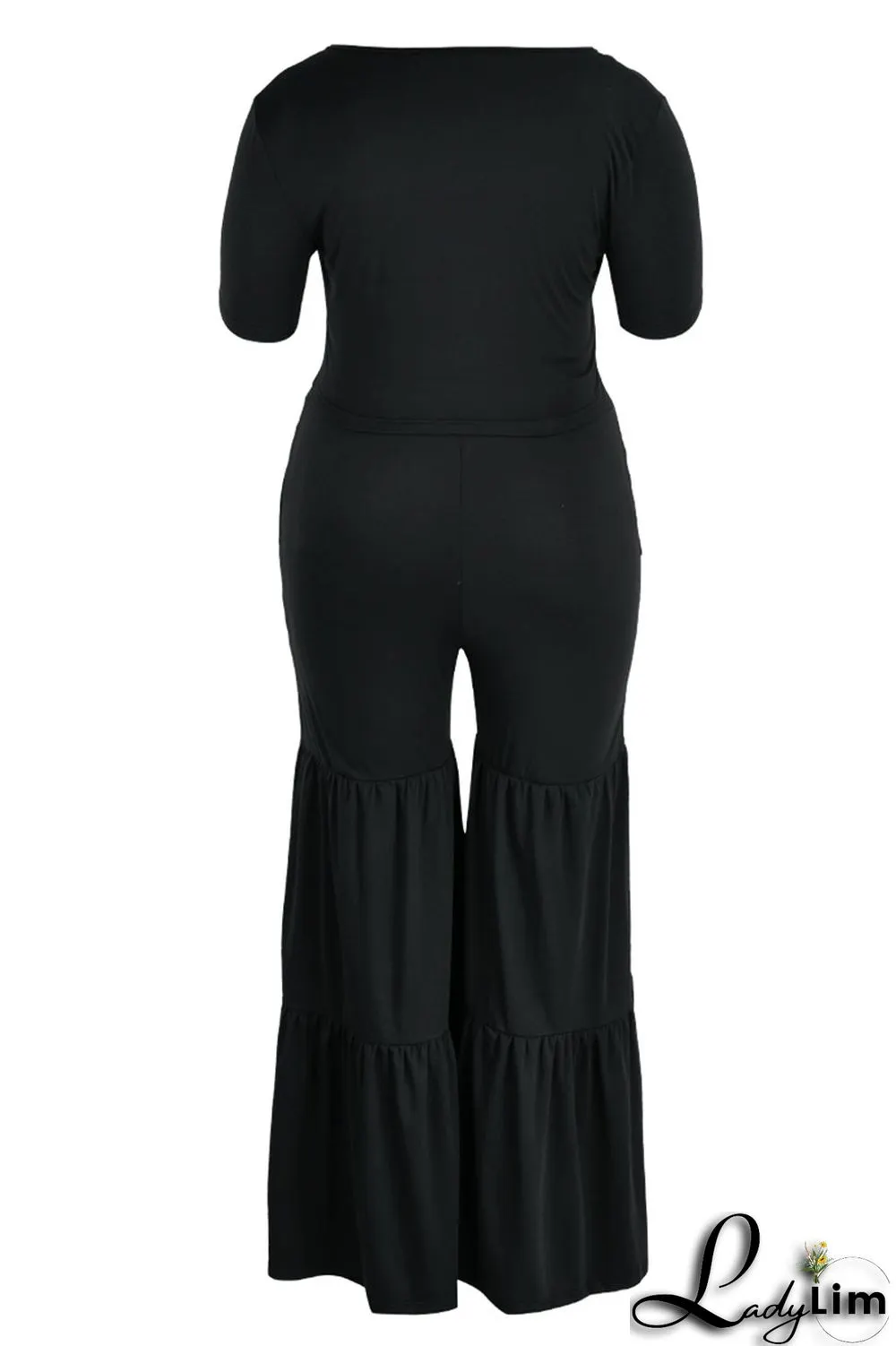 Black Casual Solid Bandage Patchwork V Neck Plus Size Two Pieces
