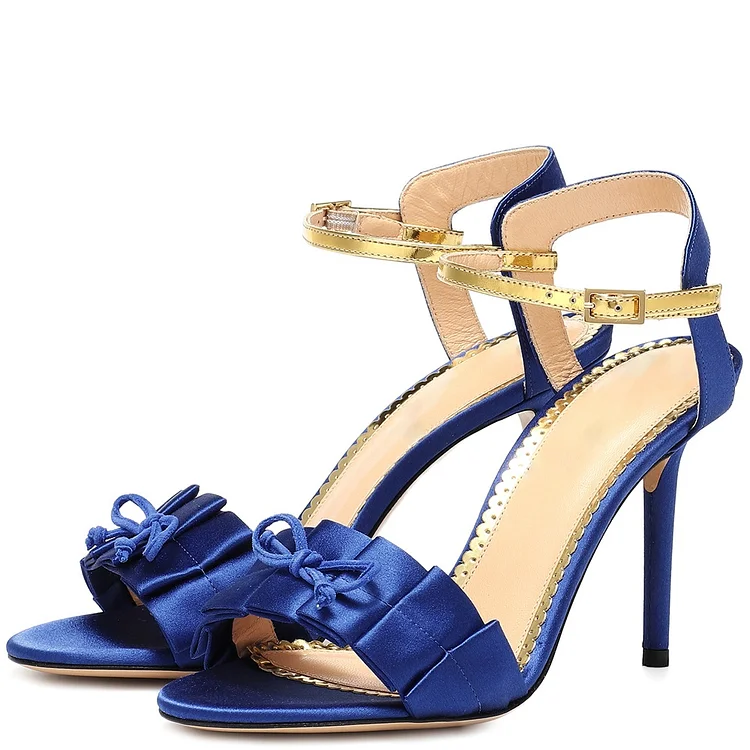 Blue Satin Ruffled Open Toe Stiletto Heel Slingback Sandals |FSJ Shoes