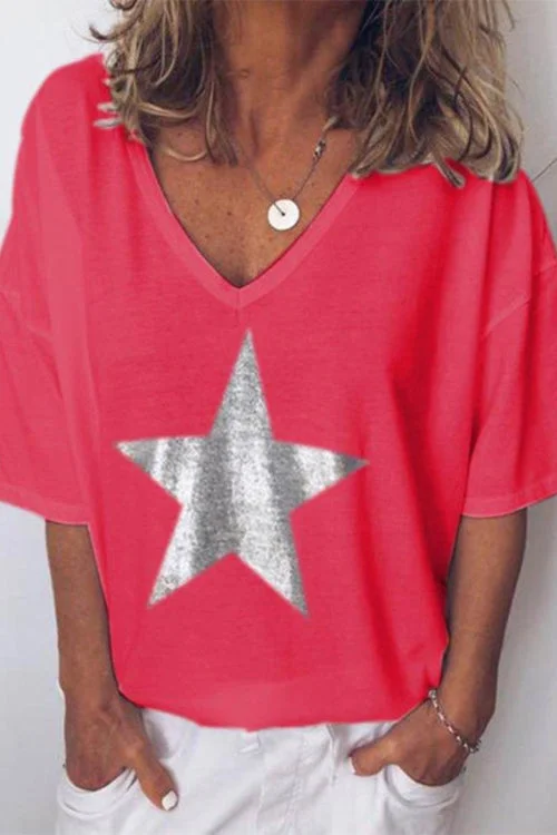 V Neck Short Sleeve Star Printed T-shirt