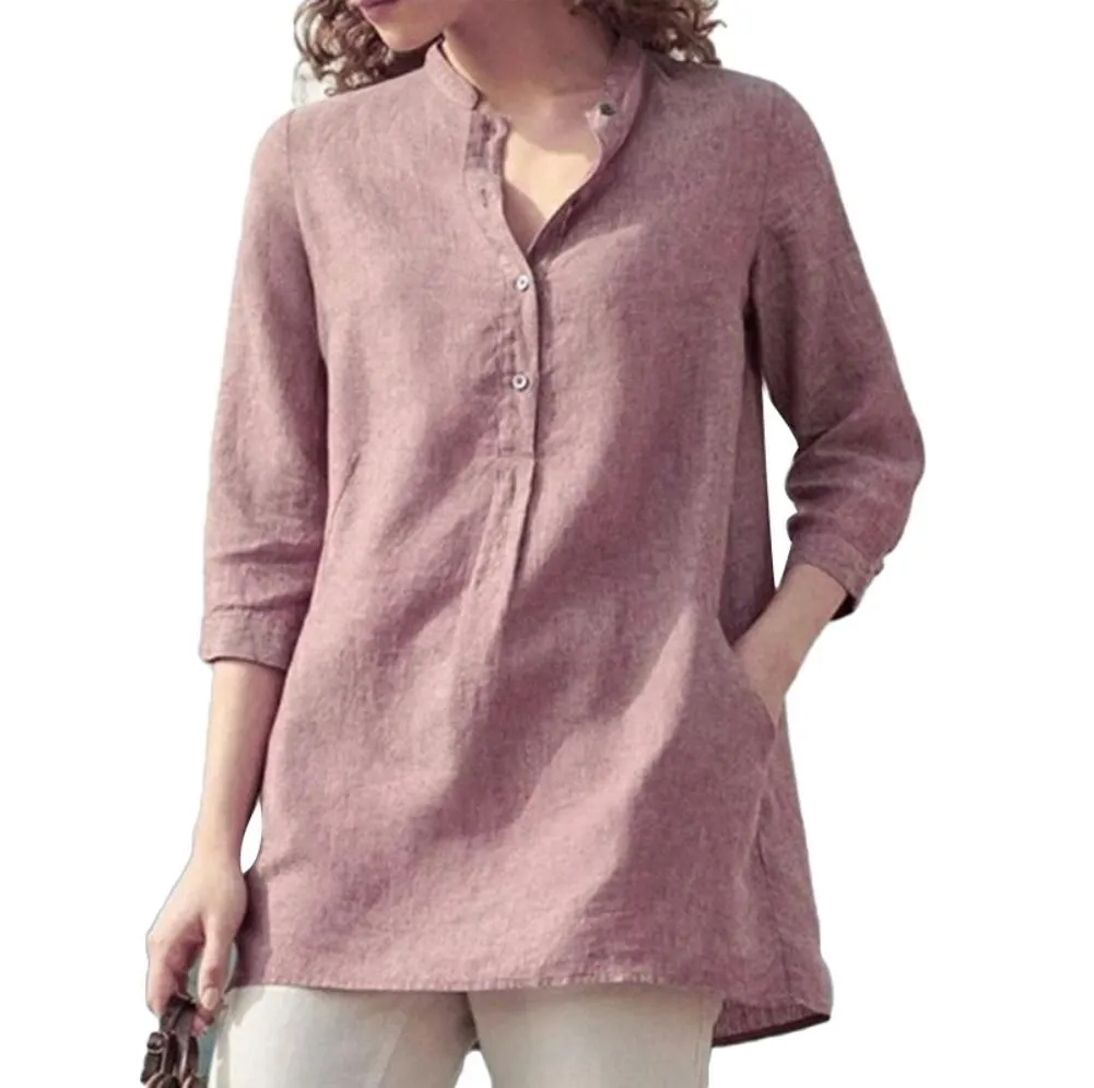 Casual Women Solid Color 3/4 Sleeve Pockets Buttons Cotton Linen Plus Size Shirt Solid color easy to pair with variety of pants