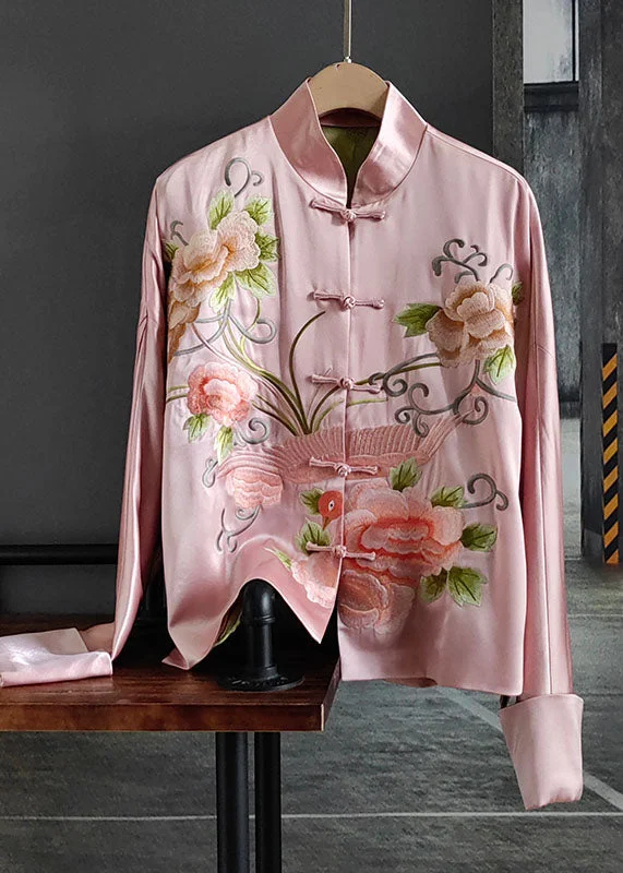 Chic Pink Embroideried Chinese Button Patchwork Silk Coat Spring